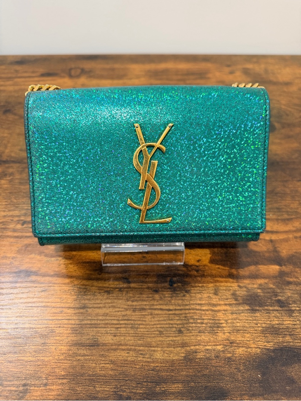 Saint Laurent Small Kate Calfskin Metallic Green Glitter Gold Chain Bag